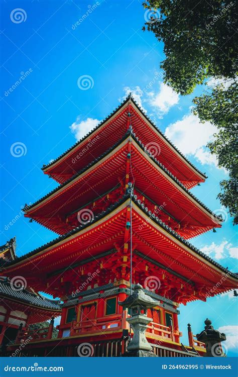 Vertical Shot Of The Kiyomizu Dera Three Story Pagoda On A Sunny Day In