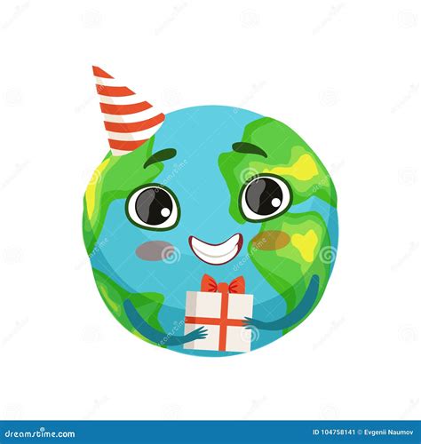 Funny Earth Planet Character In Party Hat Holding T Box Cute Globe