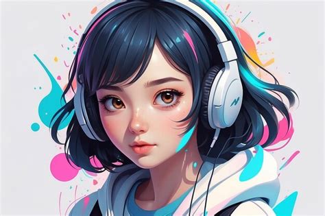 Premium Photo Anime Girl Listens Music On Headphones Portrait Of Teenager Illustration