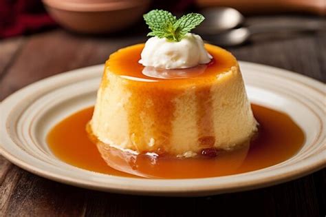 Premium Photo Traditional Flan Dessert Served With Whipped Cream