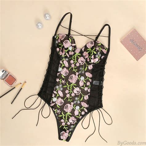 Sexy Teddy Halter Bodysuit Mesh Bandage One Piece Floral Embroidered Sheer Sleepwear Lingerie