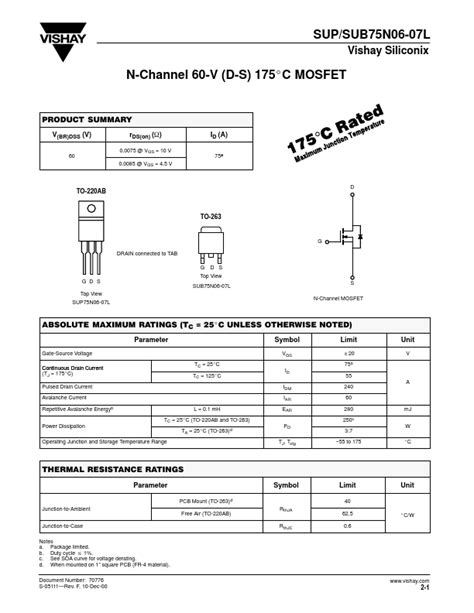 SUP75N06 07L Datasheet N Channel MOSFET