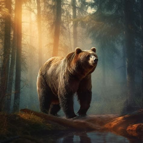 Un Oso Se Para En Un Bosque Con El Sol Brillando En Su Rostro Foto