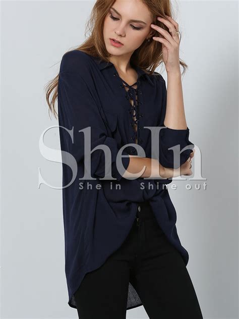 Navy Long Sleeve Style Lace Up Blouse Shein Sheinside