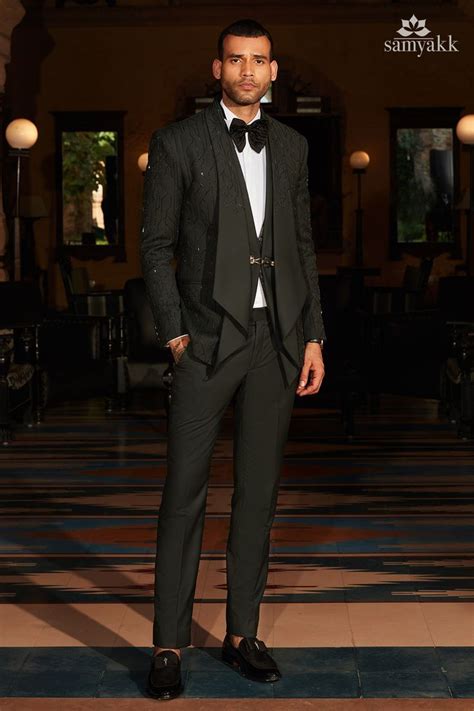 Black Cutdana Embroidered Italian Tuxedo Suit Stylish Men Wear