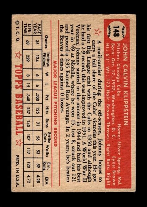 Topps Set Break Johnny Klippstein Vg Vgex Gmcards Ebay