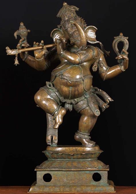 Bronze Masterpiece Ganesh Playing The Flute B Lotus Sculpture