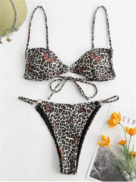 Off Zaful Butterfly Print Leopard Rings String Bikini