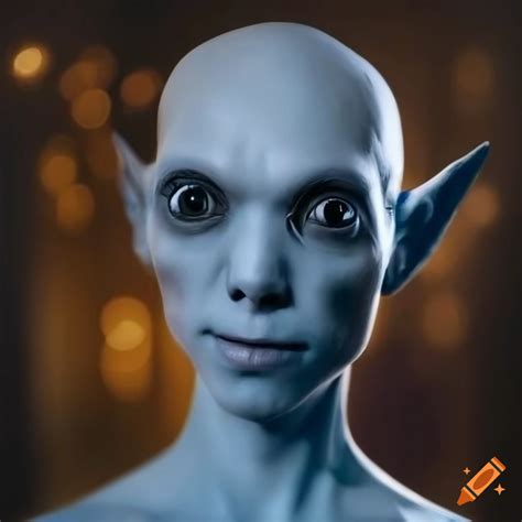 Realistic Photo Of A Humanoid Alien Man With Pointed Ears And Pale Blue