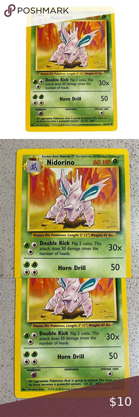 Pokemon Nidorino 1995 2000 Uncommon Base Set Shadowless 37102 Trading