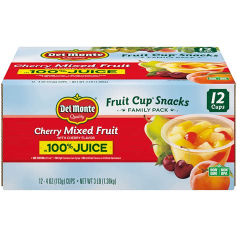 12 Cups Del Monte Cherry Mixed Fruit Cup Snacks In 100 Juice 4 Oz