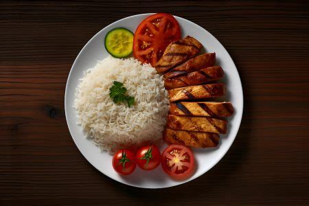 Prato De Comida Arroz Carne Grelhadas Salada Molho Sobre Uma Mesa De