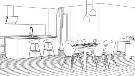 Modern House Interior Design Project Sketch Stock Illustration