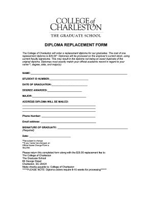 Fillable Online Gradschool Cofc Diploma Replacement Form The Graduate