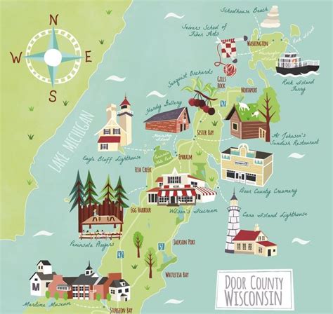 Illustrated Map Of Door County Wisconsin Usa Door County