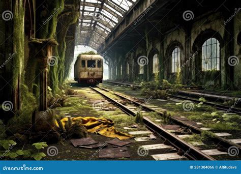 Deserted Train Station Platform With Rusty Tracks And Overgrowth Stock