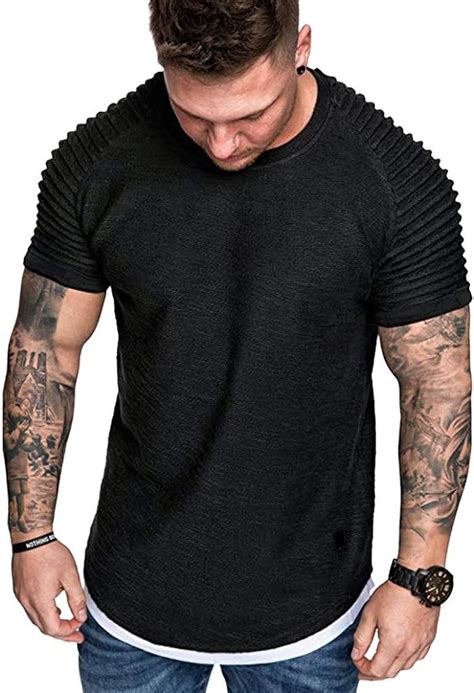 Zhen Herren T Shirt Longshirt Slim Fit Kurzarm Rundhal Baumwolle