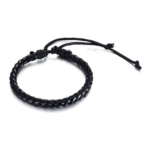 Pulsera Negra De Cuero Trenzado Ajustable Para Hom Grandado