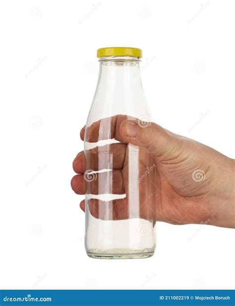 Glass Empty Juice Bottle In Hand Stock Image Image Of Empty Twisted