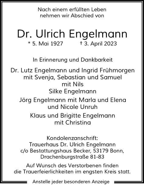 Traueranzeigen Von Ulrich Engelmann Ga Trauer De