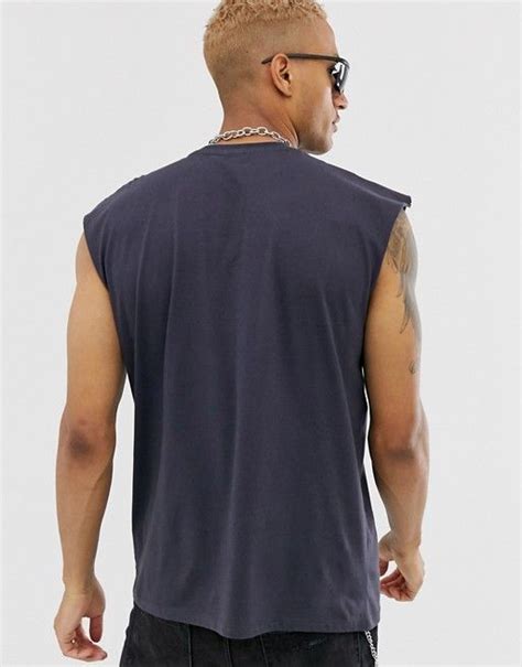 Asos Design Oversized Sleeveless T Shirt With Utlity Pocket And Piping