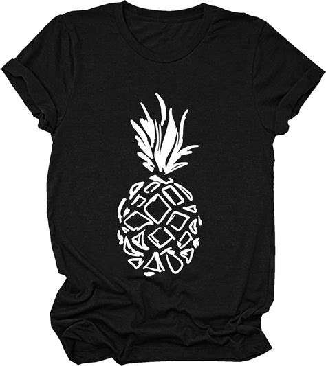 Black Female Shirts Women Casual Pineapple Printing T Shirts Round Neck