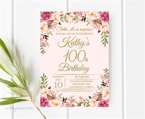 100th Birthday Invitation Floral Blush Pink Birthday Etsy