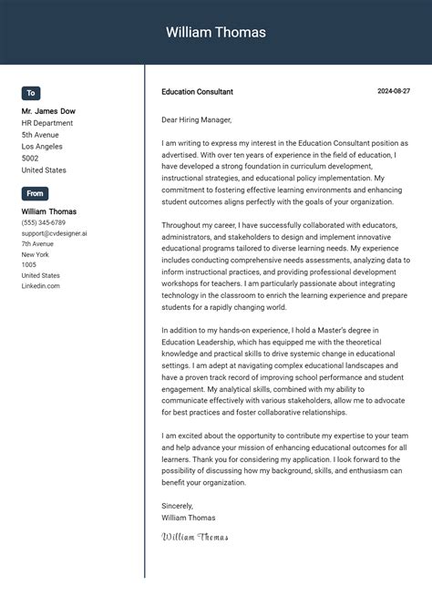 Education Consultant Cover Letter Example for 2024 (Free Templates) - CVDesigner.ai
