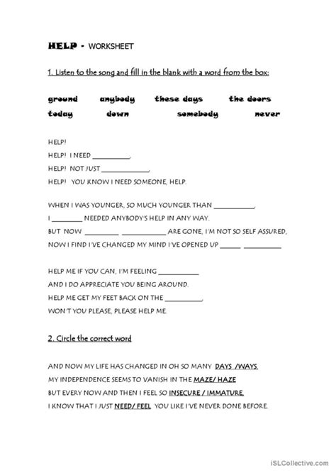 Help The Beatles Song And Nursery English Esl Worksheets Pdf And Doc