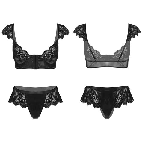 New Mens Sexy Lace Patchwork Satin Lingerie Sissy Nightwear Front Closure Bra Tops With Bowknot
