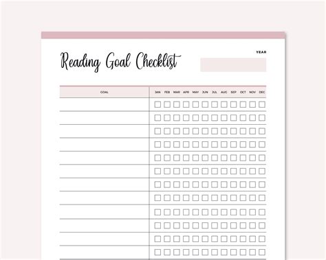 Reading Goal Checklist Printable Monthly Reading Goals Book Etsy