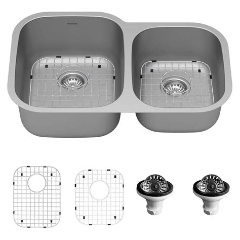 Karran 16 Gauge Stainless Steel 32 In Double Bowl Undermount Kitchen Sink Kit Pu53r Pk1 The