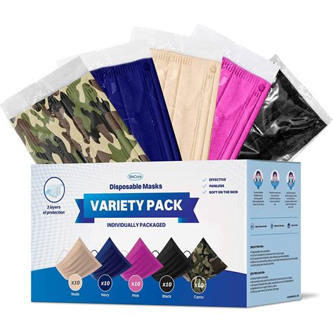 Disposable Face Masks 3 Ply Individually Wrapped 50ct Combo Pack