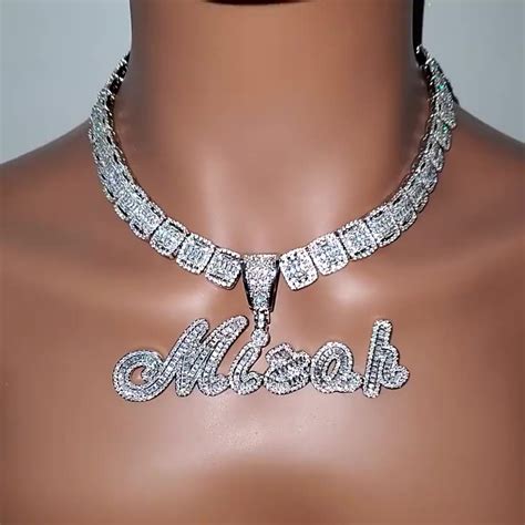 Custom Brush Cursive Iced Out Letter Pendant Name Necklace Baguettes