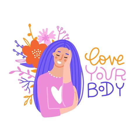 Premium Vector Body Positive Poster With Hand Drawn Lettering Text Love Your Body Girl With