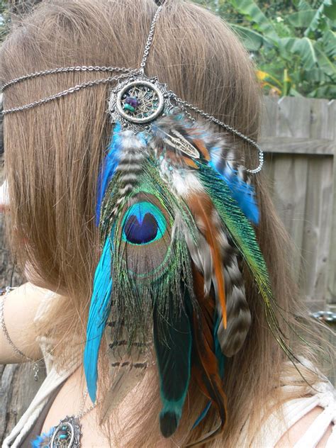 Feather Headdress Peacock Pheasant Feather Head Chain Tribal Inspired