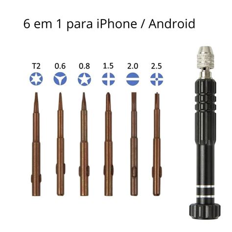 Kit Chave Profissional 6 em 1 Para Manutenção Iphone Smartphone Celular