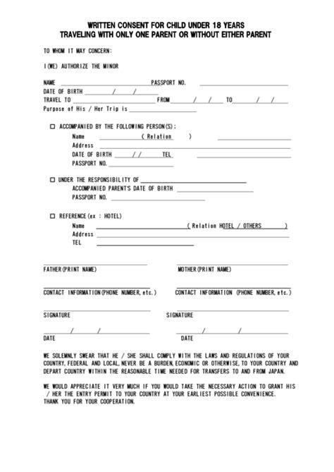 Minor Traveling With One Parent Consent Form Printable Consent