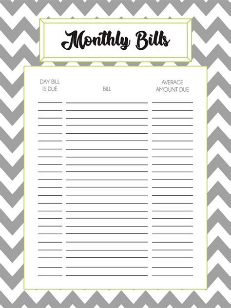 Free Printable Bill List