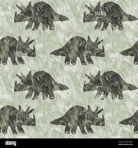 Green Hand Drawn Triceratops Dinosaur Seamless Pattern Gender Neutral