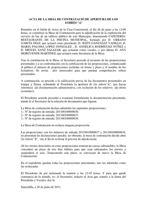 Pdf Acta De La Mesa De Contrataci De Apertura De Los Sobres