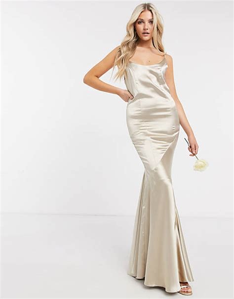 Asos Design Bridesmaid Satin Scoop Maxi Dress With Panelled Skirt And Button Back Asos