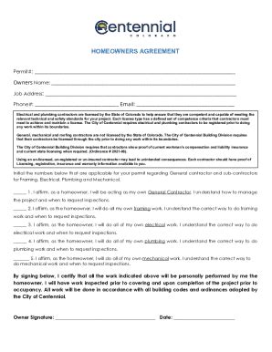 Fillable Online Homeowner Agreement For General Sub Contractor Permit