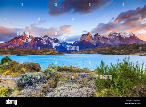 Torres Del Paine National Park, Chile. Sunrise at the Pehoe lake Stock ...