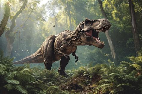 Premium Ai Image Ferocious Tyrannosaurus Rex Roaring In A Sunlit