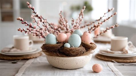 Beautiful Easter Table Setting Nest Colorful Eggs Pussy Willow Branches Stock Photos Free