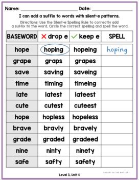 Third Grade Phonics Level Unit Silent E And Words With Suffixes