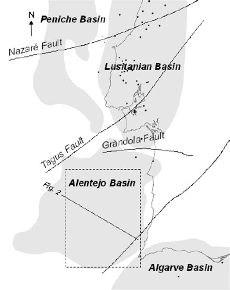 Location of study area (dashed) and interpreted seismic section ...