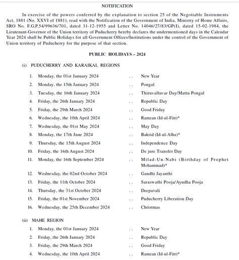 List Of Government Holidays Puducherry Daisy Quinnt