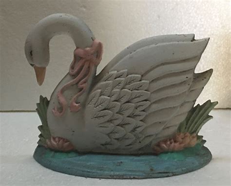 Vintage Cast Iron White Swan With Pink Lotus Blossoms Hand Painted